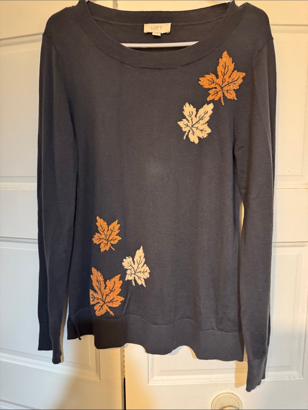 LOFT Navy Crewneck Sweater with Orange and Cream Leaf Motif